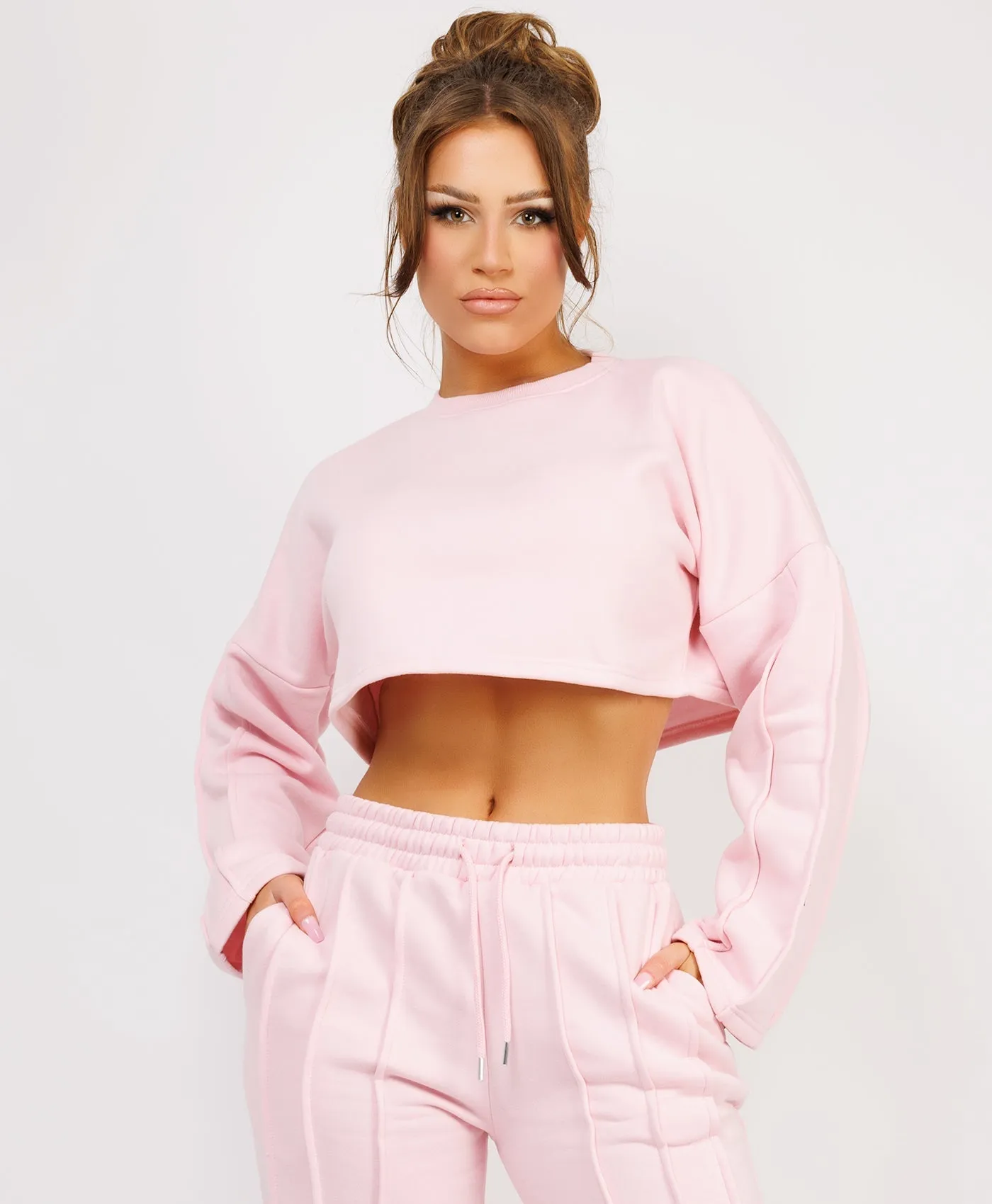 Pink Cropped Sweatshirt And Pintuck Detail Joggers Tracksuit