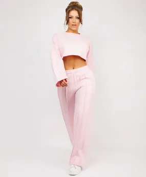 Pink Cropped Sweatshirt And Pintuck Detail Joggers Tracksuit