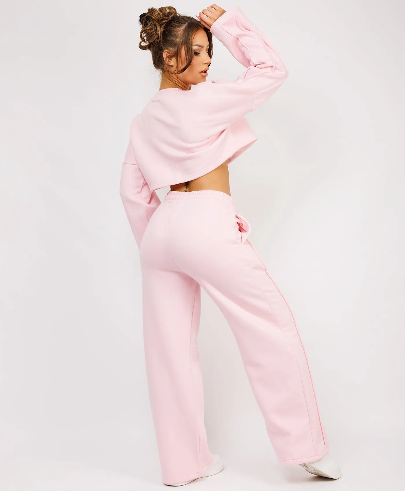 Pink Cropped Sweatshirt And Pintuck Detail Joggers Tracksuit