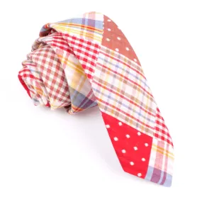 Plaid Red Gingham Cotton Polka Dot Skinny Tie