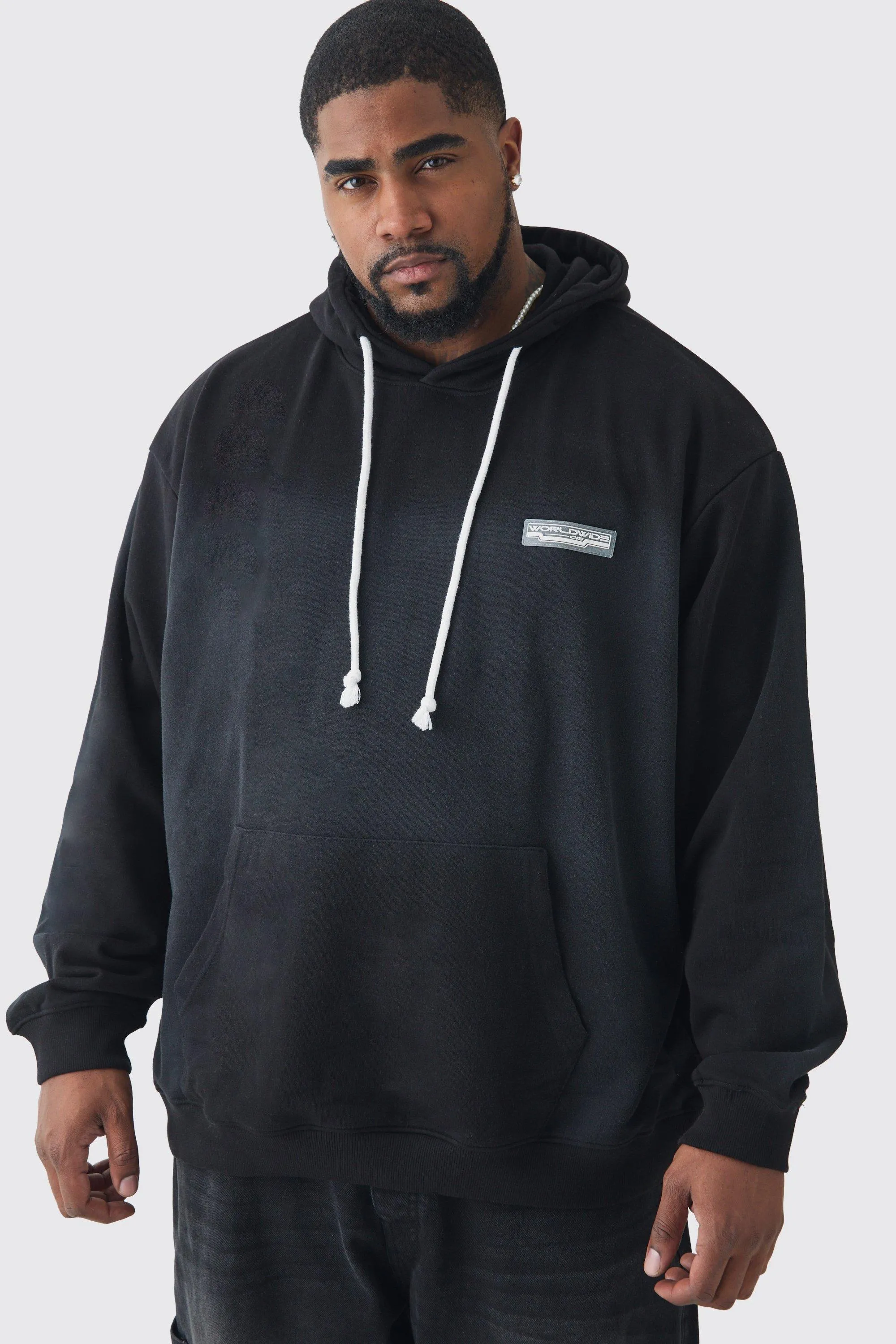 Plus Oversized Washed Loopback Rubber Badge Hoodie | boohooMAN UK