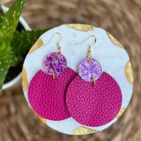 Rachael - Bright Pink + Jasmine Glitter - Leather Earrings