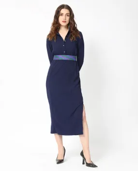 Rareism Women Chsam Navy Poly Lycra Fabric Full Sleeves Shirt Collar Regular Fit Plain Maxi Boxy Dress