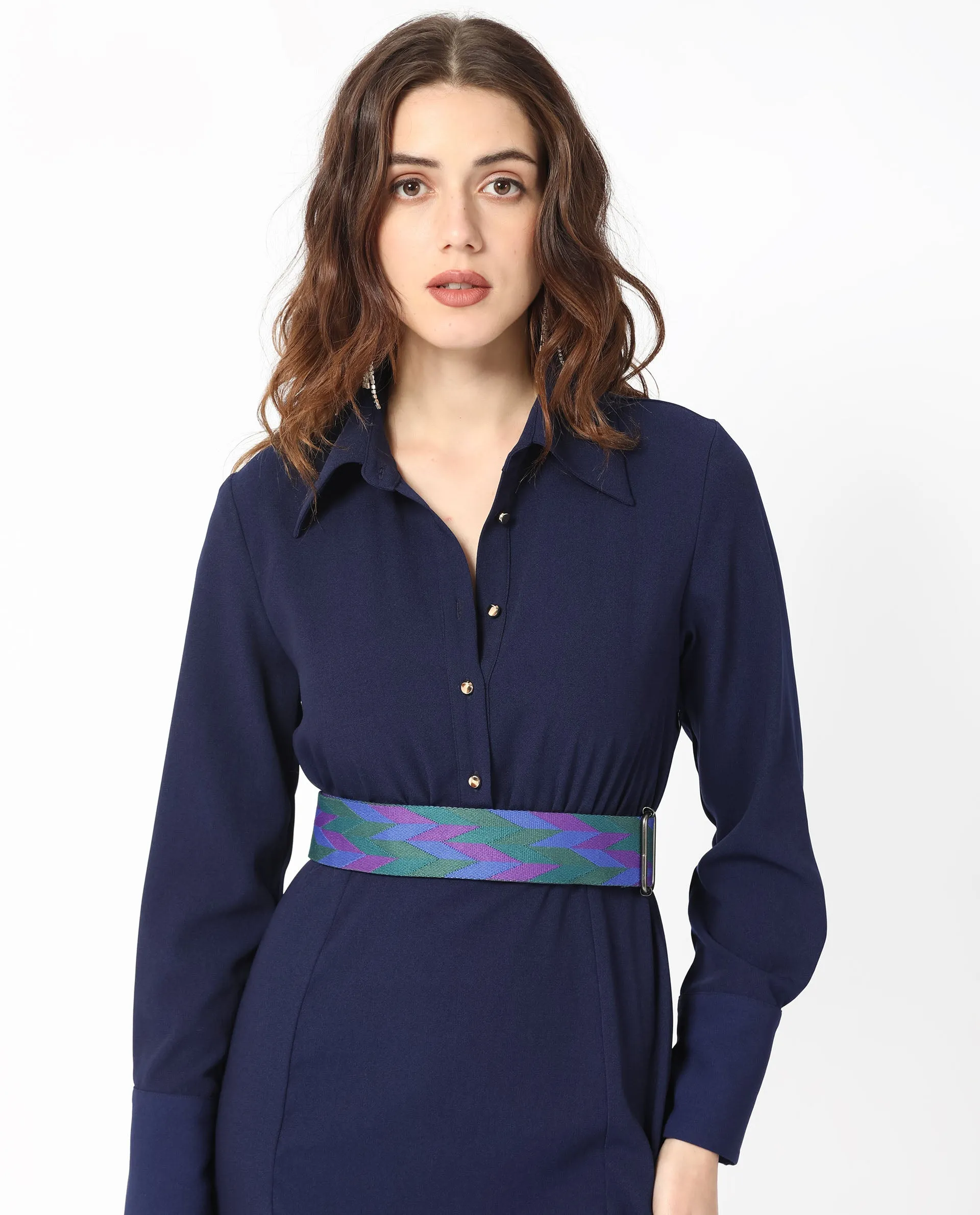 Rareism Women Chsam Navy Poly Lycra Fabric Full Sleeves Shirt Collar Regular Fit Plain Maxi Boxy Dress