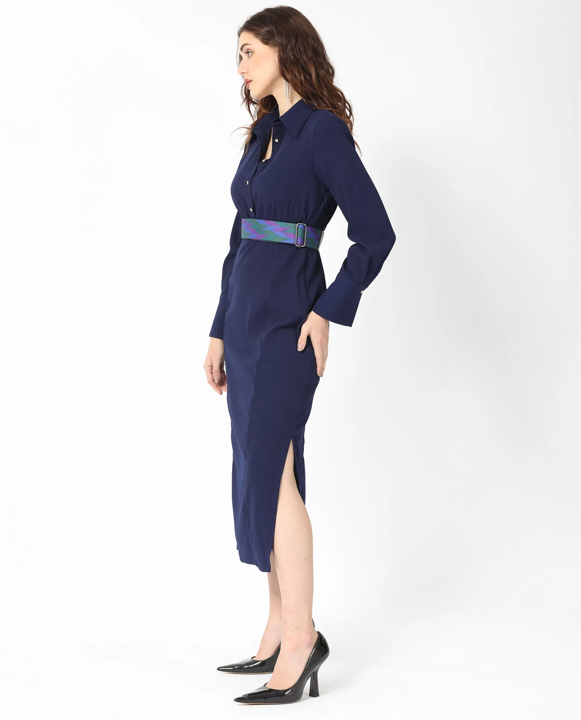 Rareism Women Chsam Navy Poly Lycra Fabric Full Sleeves Shirt Collar Regular Fit Plain Maxi Boxy Dress