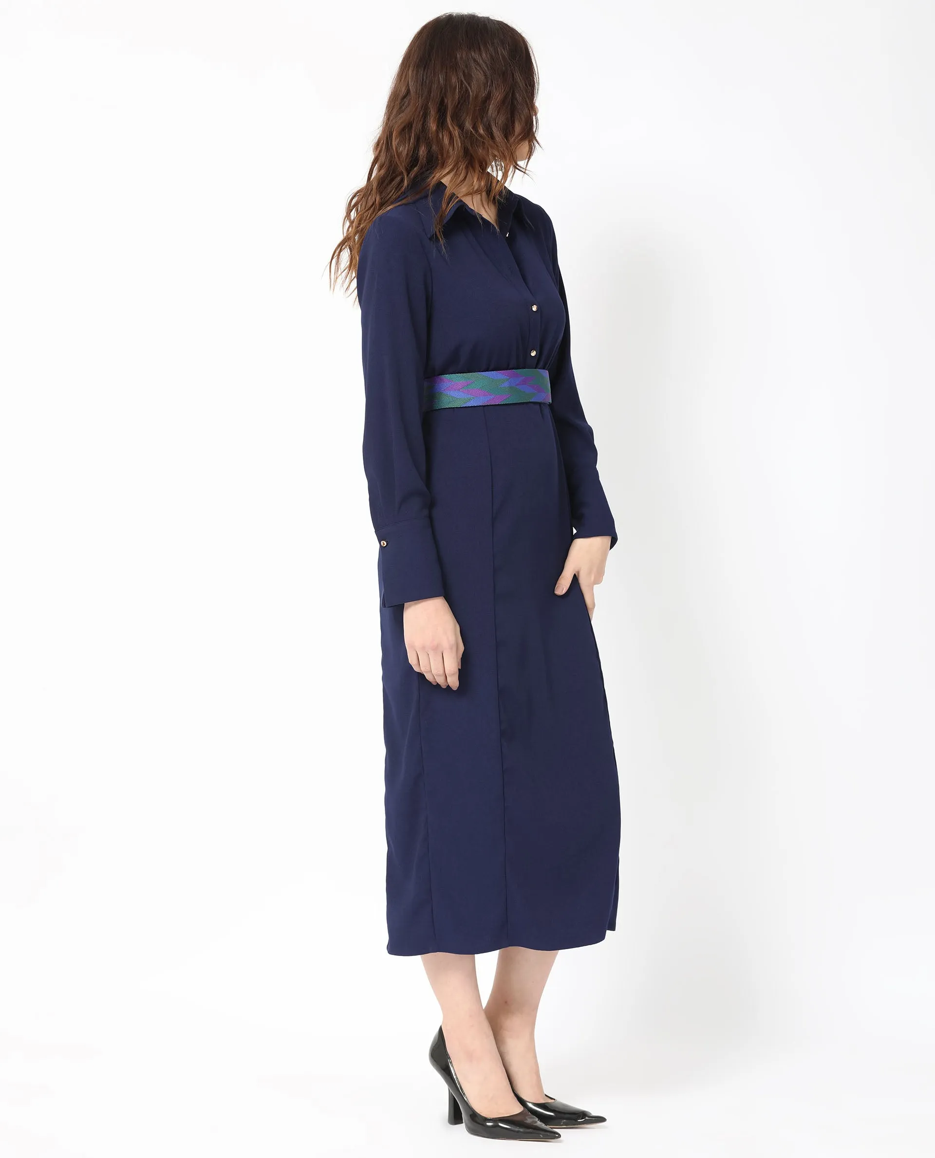 Rareism Women Chsam Navy Poly Lycra Fabric Full Sleeves Shirt Collar Regular Fit Plain Maxi Boxy Dress