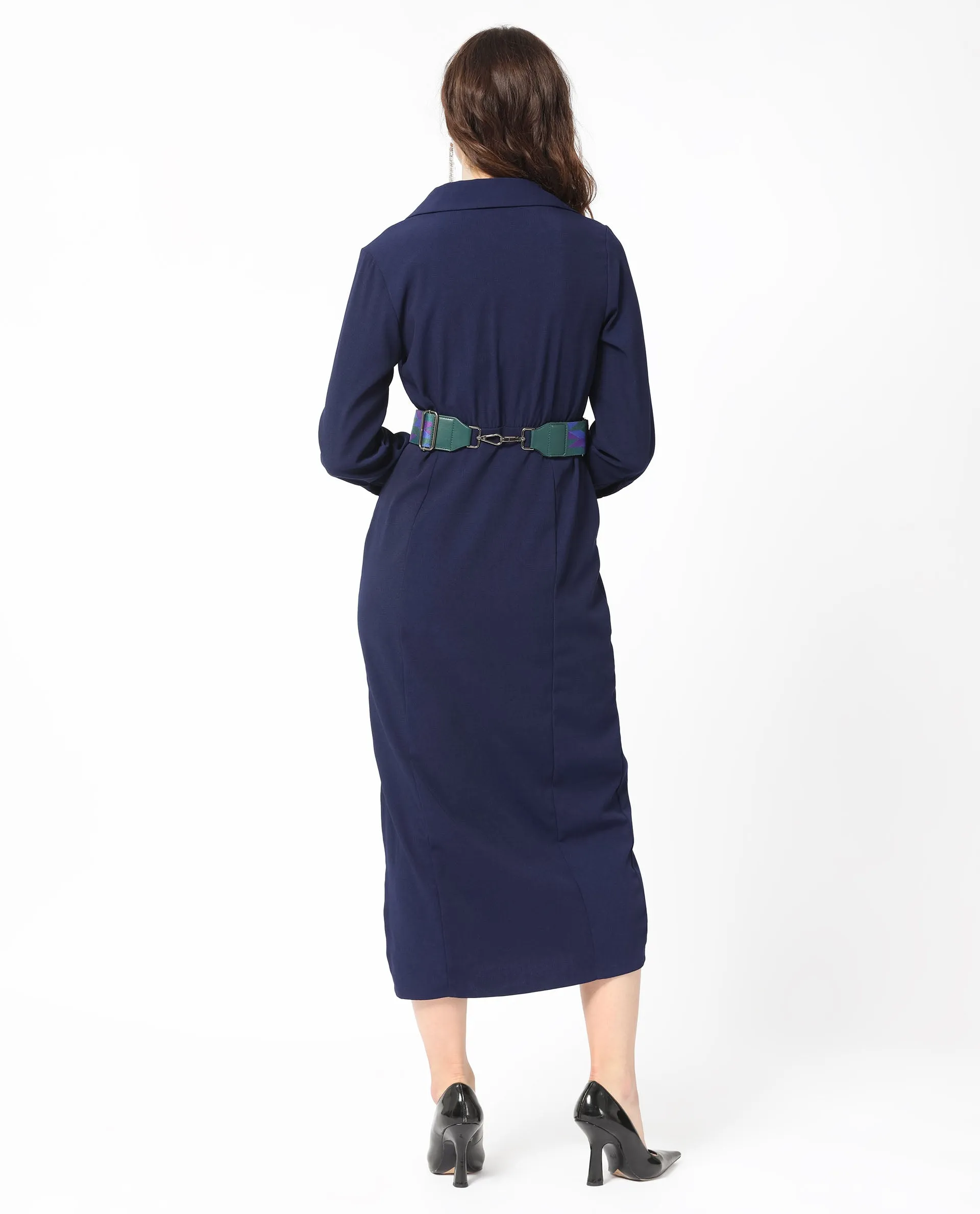 Rareism Women Chsam Navy Poly Lycra Fabric Full Sleeves Shirt Collar Regular Fit Plain Maxi Boxy Dress