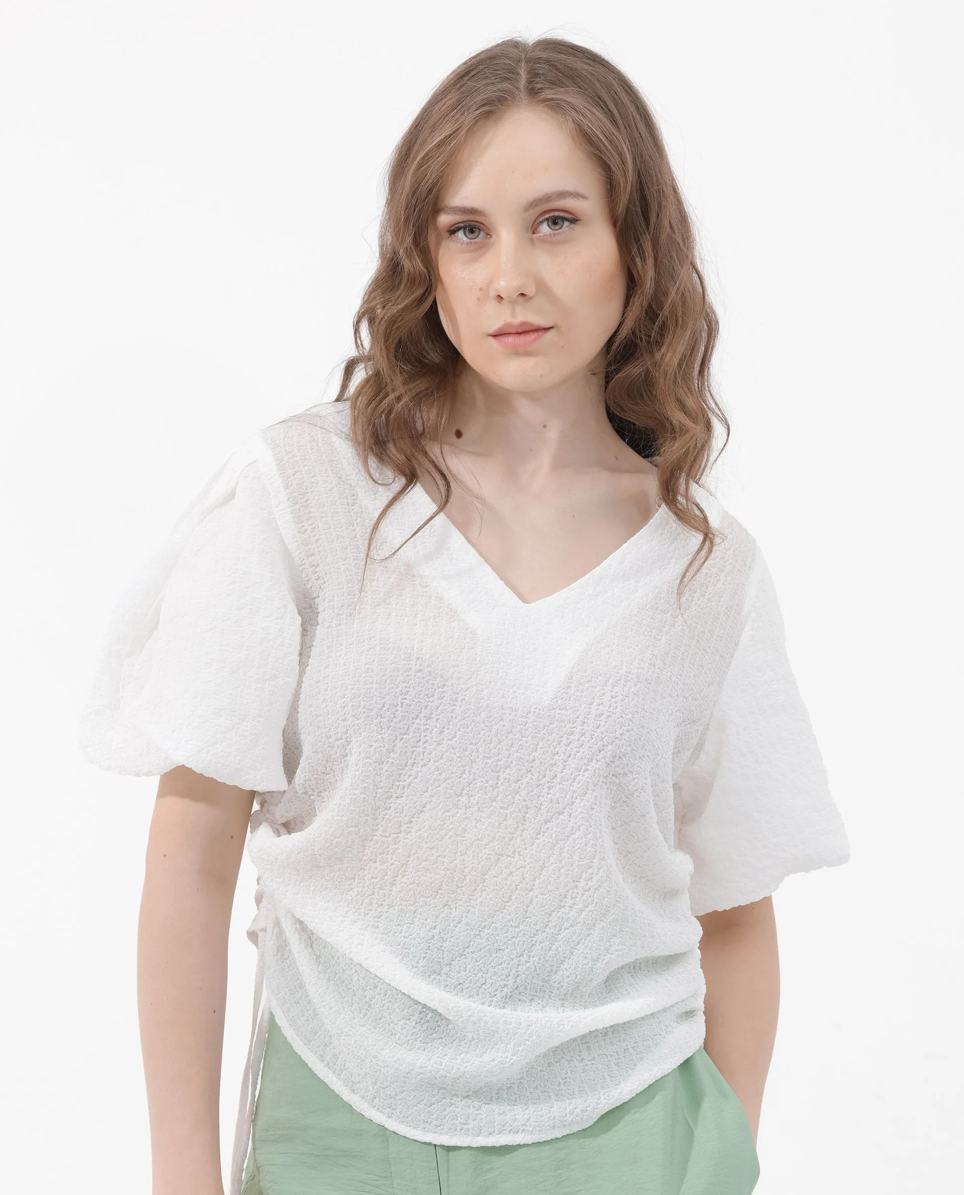 Rareism Women Krien White Polyester Fabric Short Sleeves V-Neck Balloon Sleeve Regular Fit Plain Top