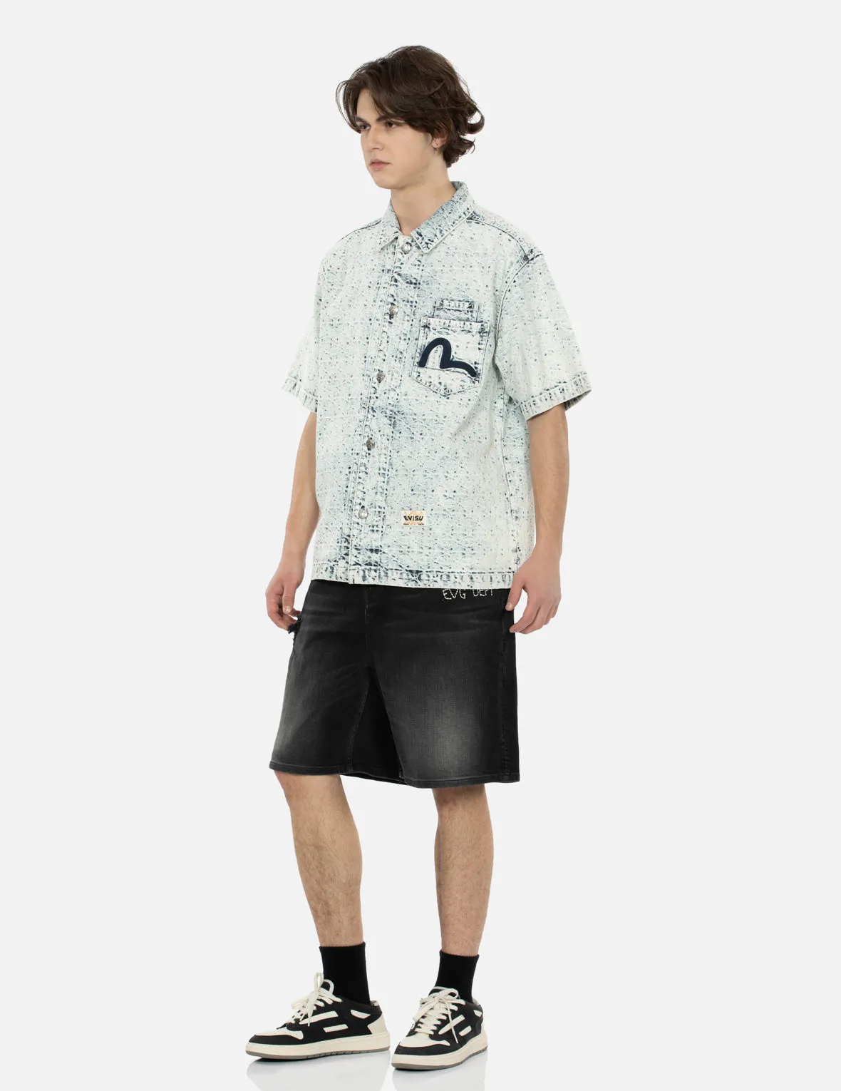 Seagull Appliqué Embroidery and Godhead PrintRelax Fit Denim Shorts