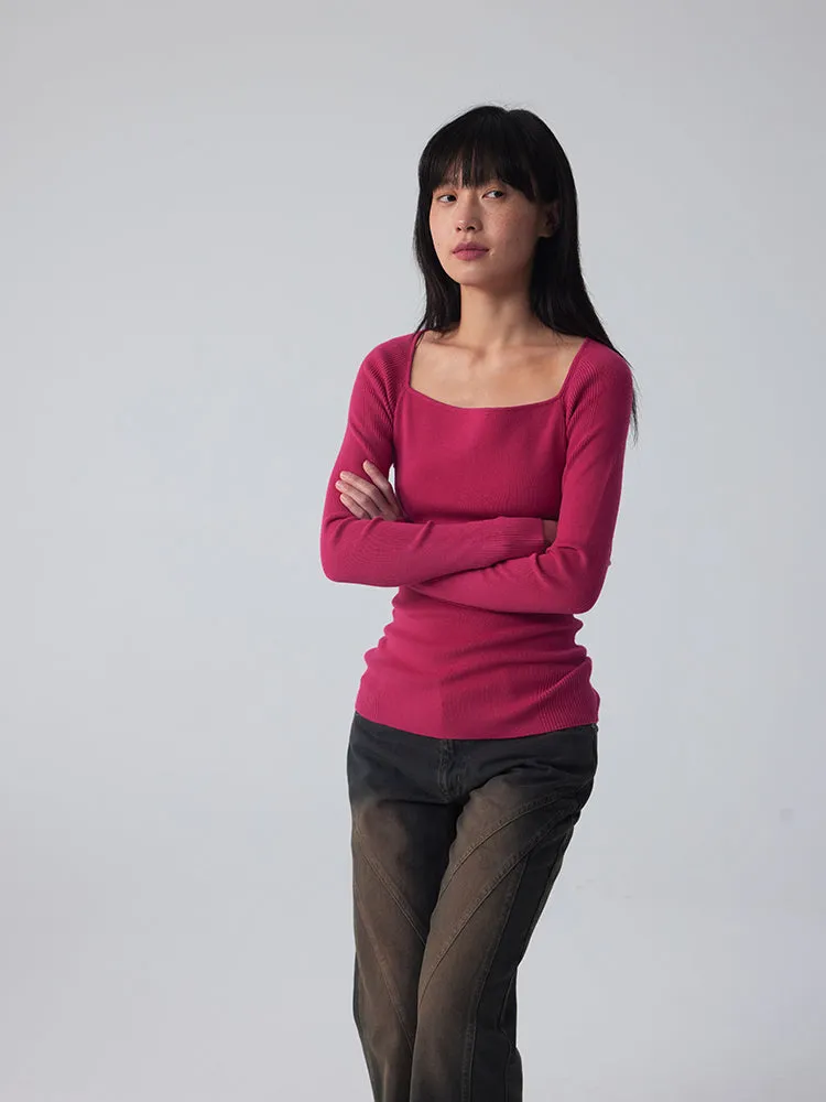 Square-Neck Retro Tight Vivid Slim Plain Knit