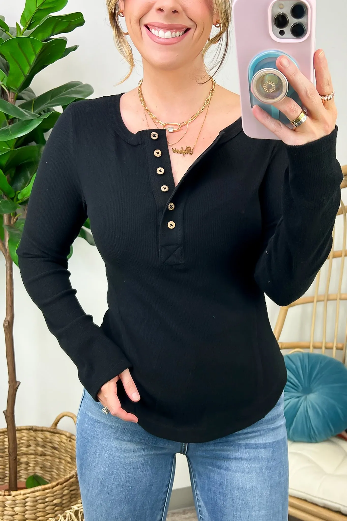 Stellia Soft Brushed Knit Button Henley Top - FINAL SALE