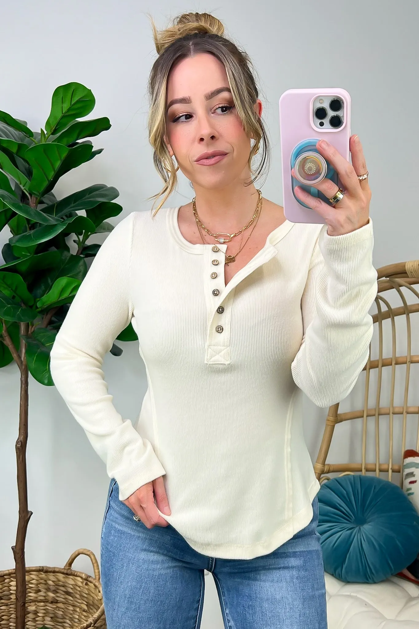 Stellia Soft Brushed Knit Button Henley Top - FINAL SALE