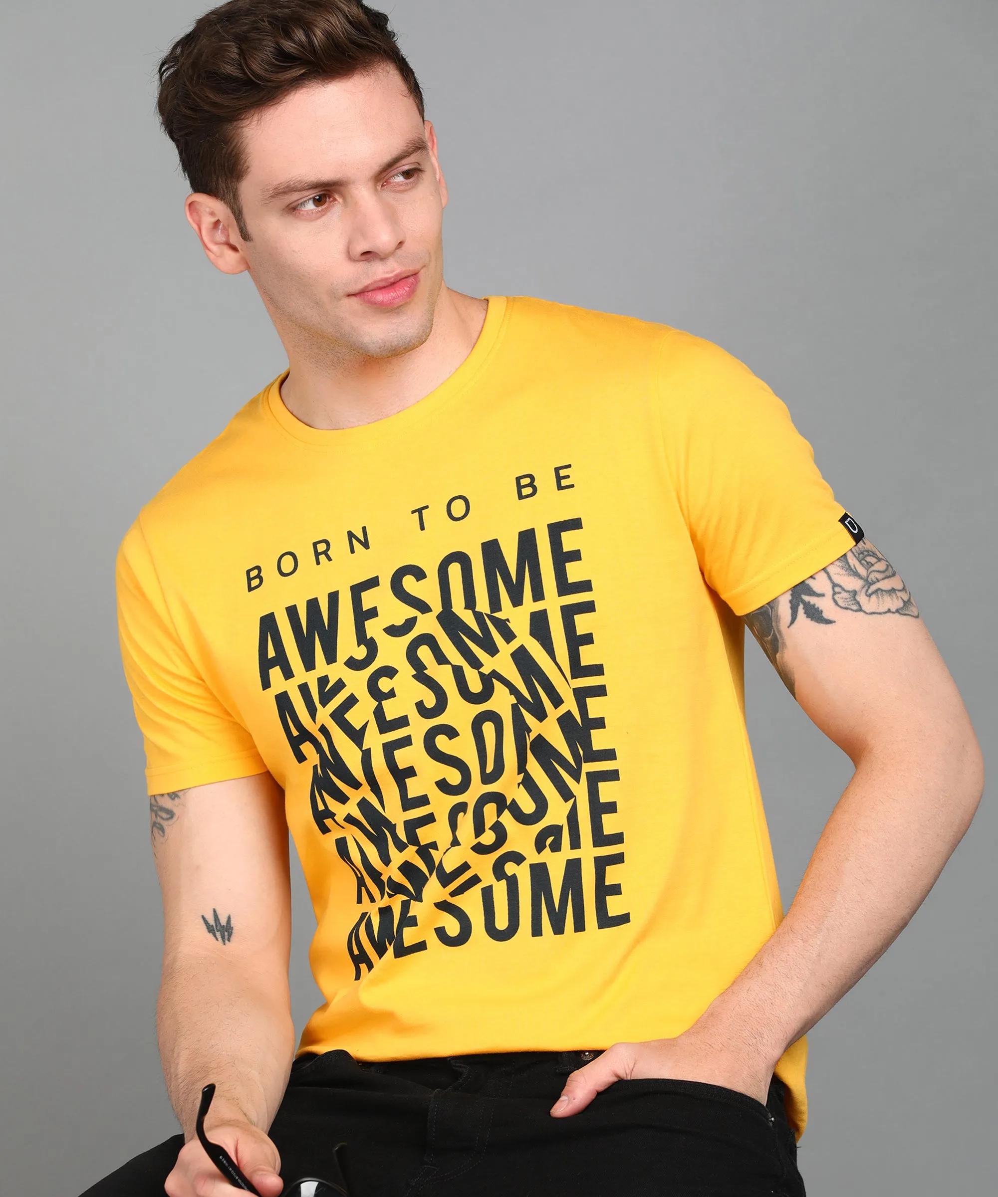 Urbano Fashion Men's Lime Yellow Graphic Printed Round Neck Half Sleeve Slim Fit Cotton T-Shirt