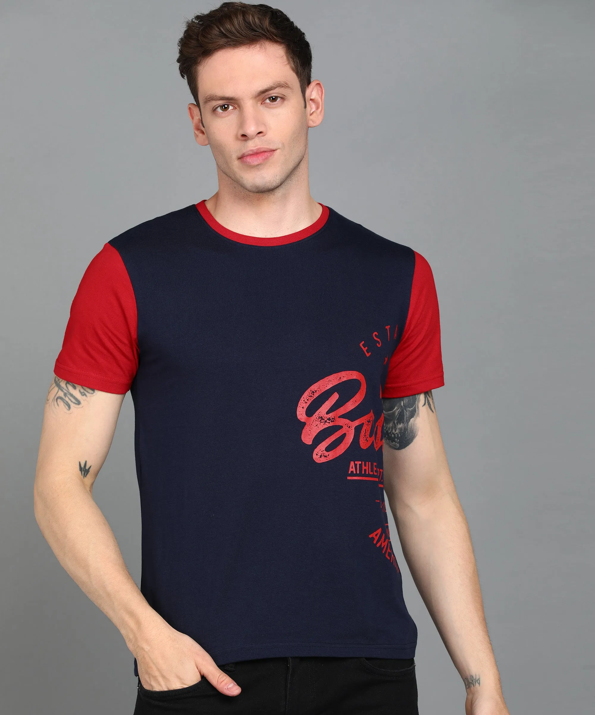 Urbano Fashion Men's Navy Blue, Red Graphic Printed Round Neck Half Sleeve Slim Fit Cotton T-Shirt