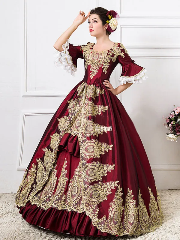 Victorian Retro Tudor Dress  Costume Burgundy Women's Rococo Red Ruffles Bell Half Sleeves Print Ball Gown Victoria Era Clothing