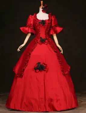 Victorian Retro Tudor Dress  Costume French Princess Ruffles Red Ball Gown Half Sleeves Victorian era Outfits  Retro Tudor Dress