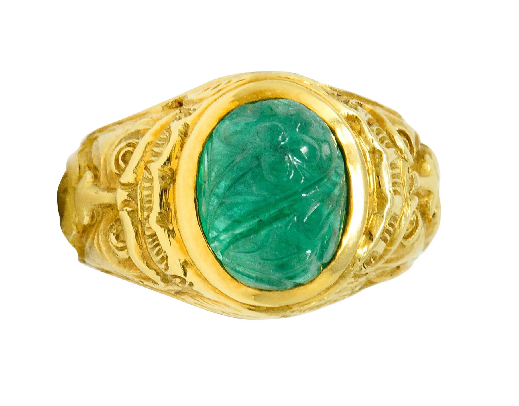 Vintage Carved Emerald 18 Karat Gold Green Man Men’s Unisex Ring