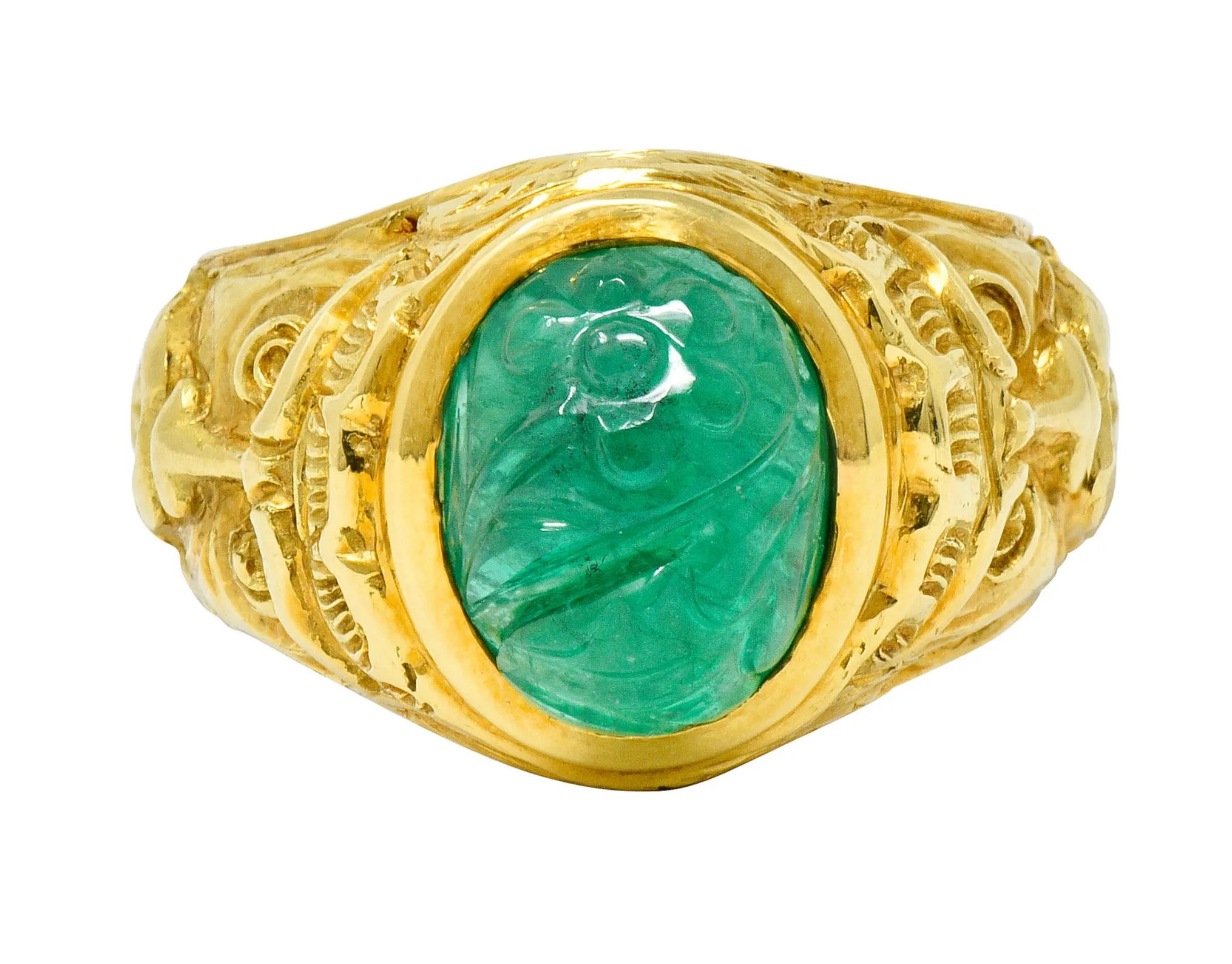 Vintage Carved Emerald 18 Karat Gold Green Man Men’s Unisex Ring