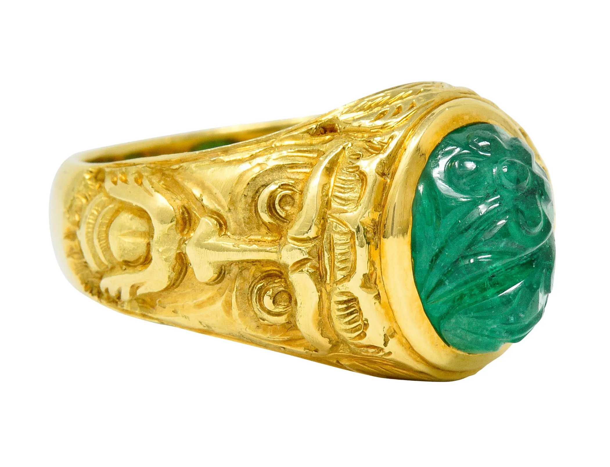 Vintage Carved Emerald 18 Karat Gold Green Man Men’s Unisex Ring