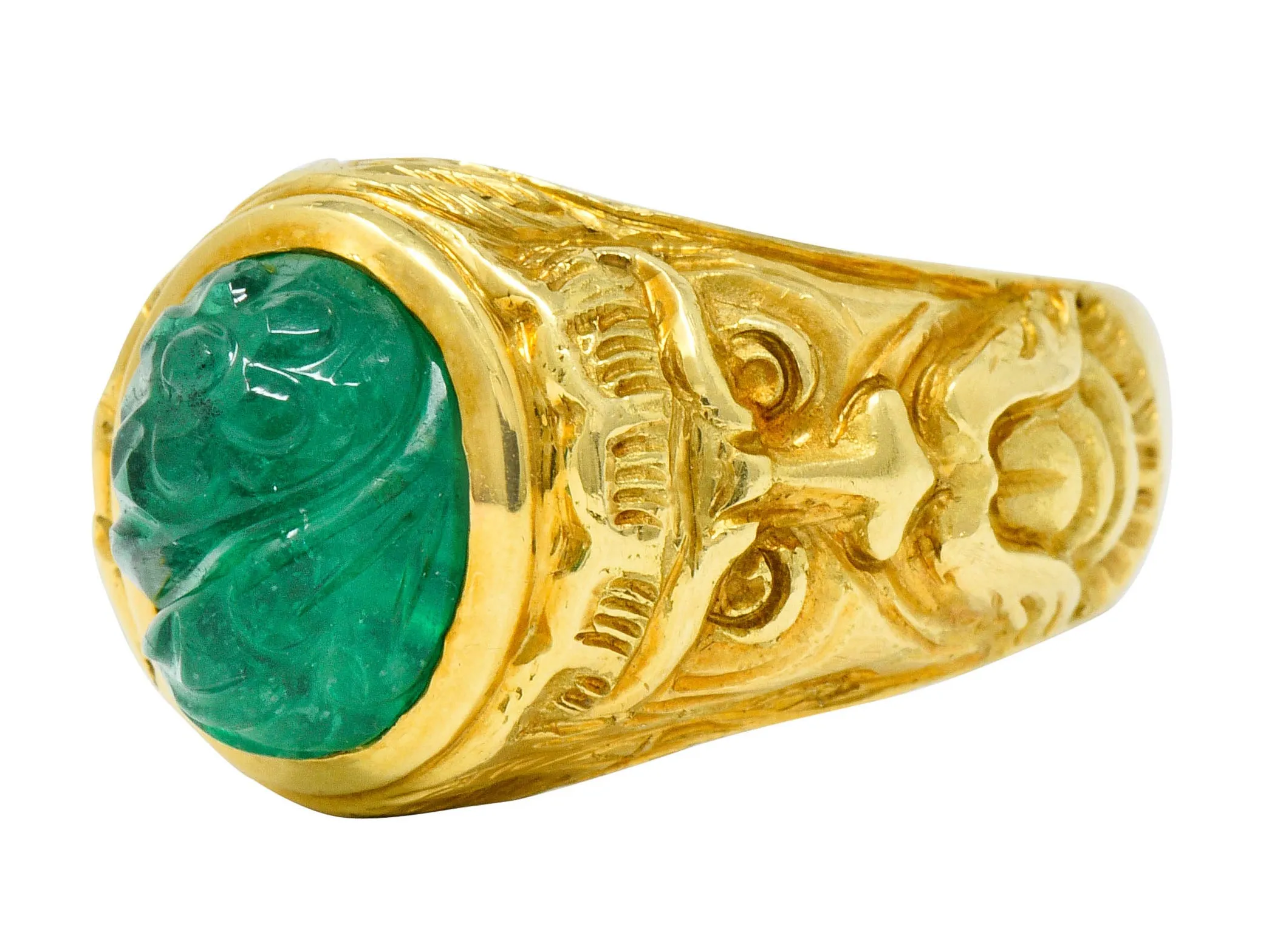 Vintage Carved Emerald 18 Karat Gold Green Man Men’s Unisex Ring