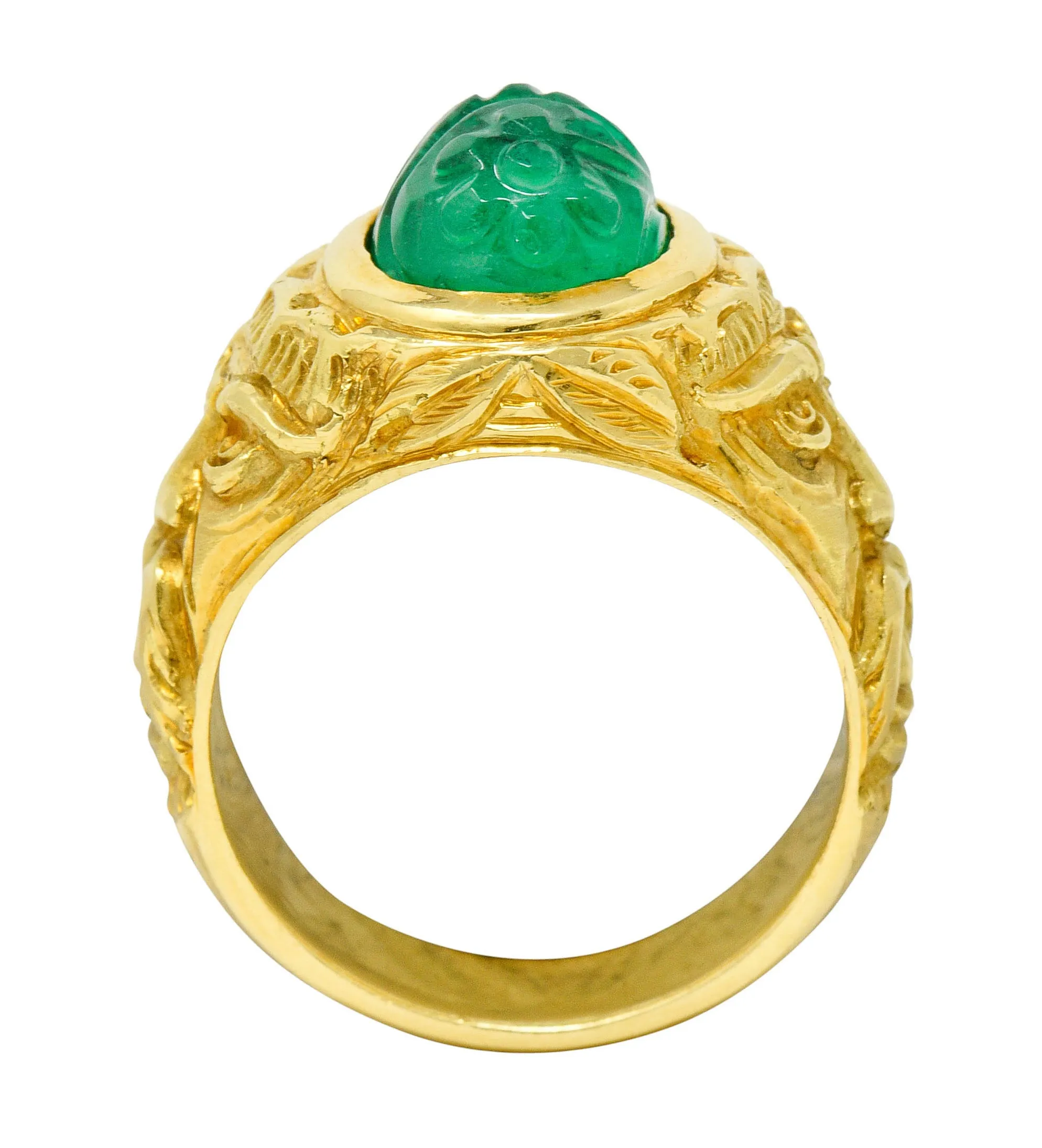 Vintage Carved Emerald 18 Karat Gold Green Man Men’s Unisex Ring