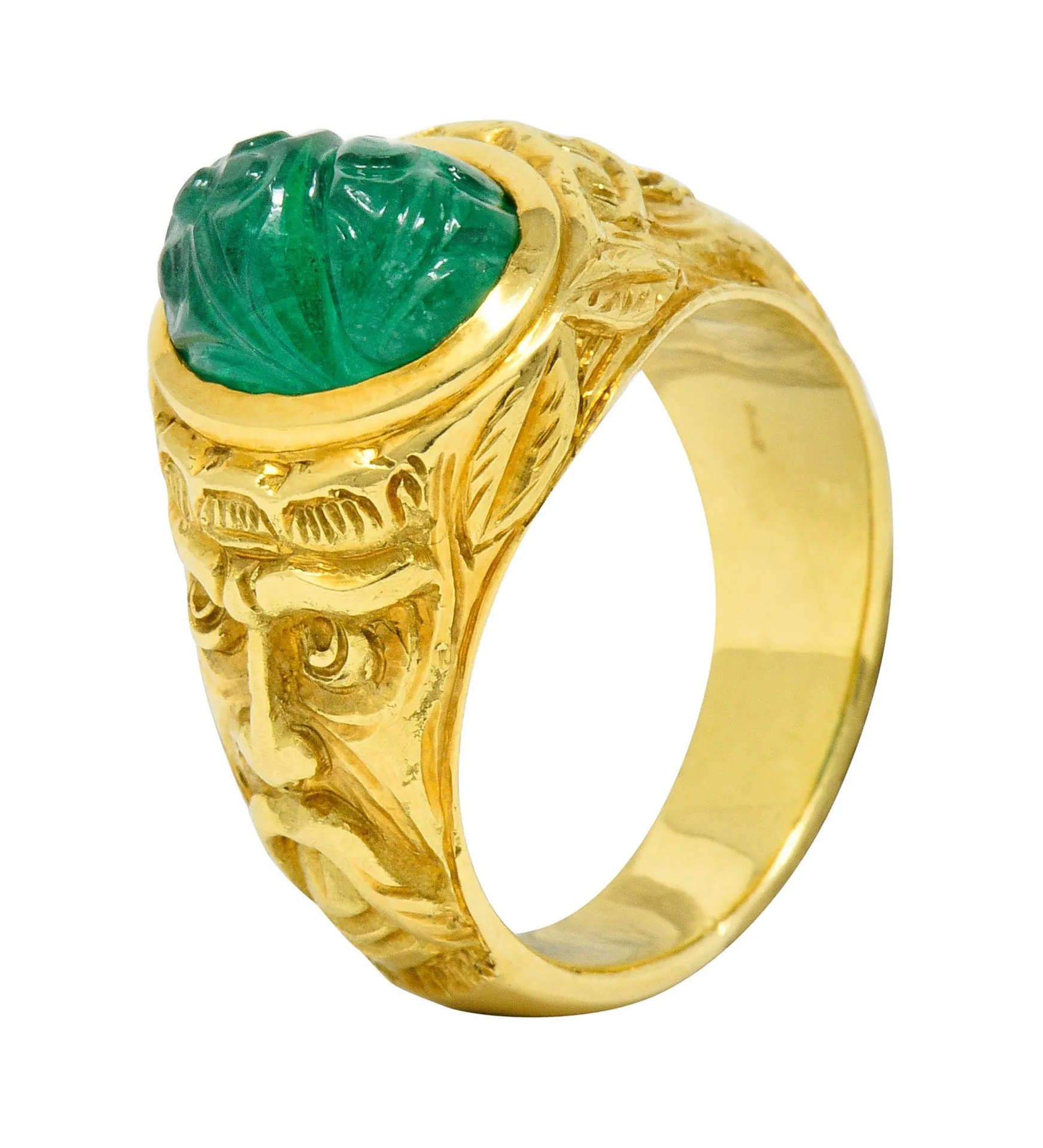 Vintage Carved Emerald 18 Karat Gold Green Man Men’s Unisex Ring