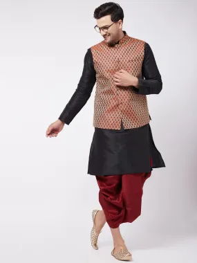 VM BY VASTRAMAY Men's Black Silk Blend Kurta And Dhoti With Maroon Woven Nehru Jacket