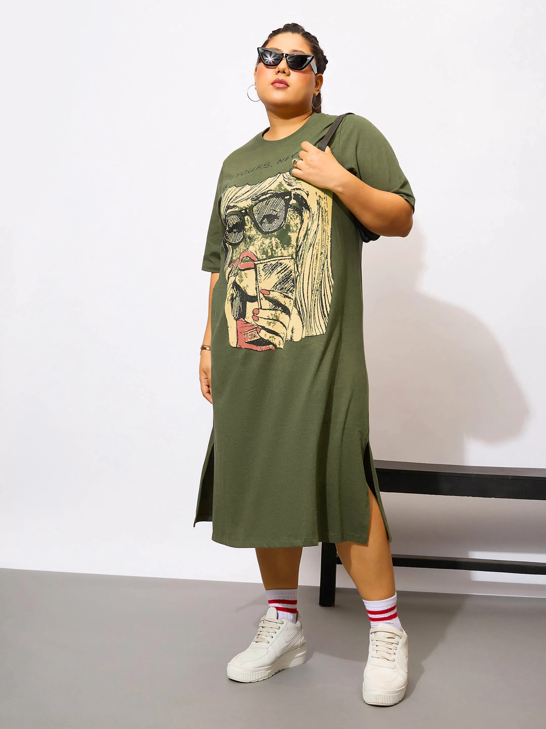 Women Olive Graphic NOT YOURS T Shirt Dress