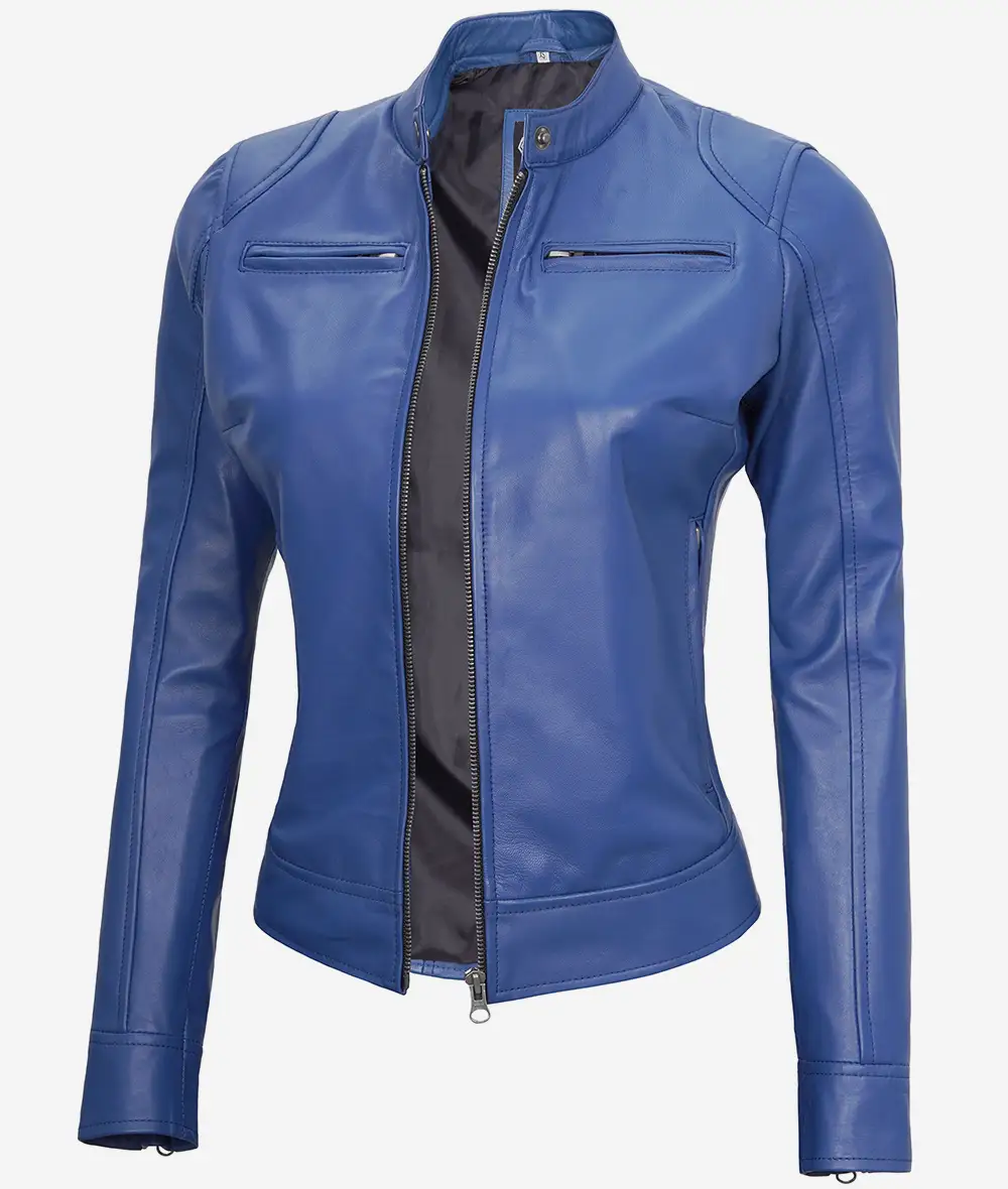 Women's Slim Fit Blue Cafe Racer Leather Jacket