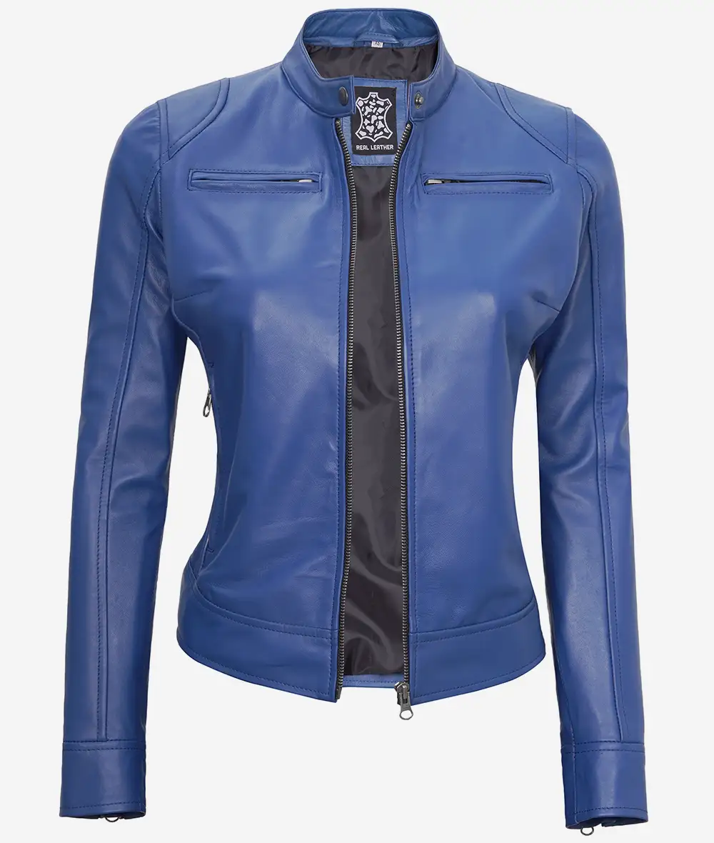 Women's Slim Fit Blue Cafe Racer Leather Jacket