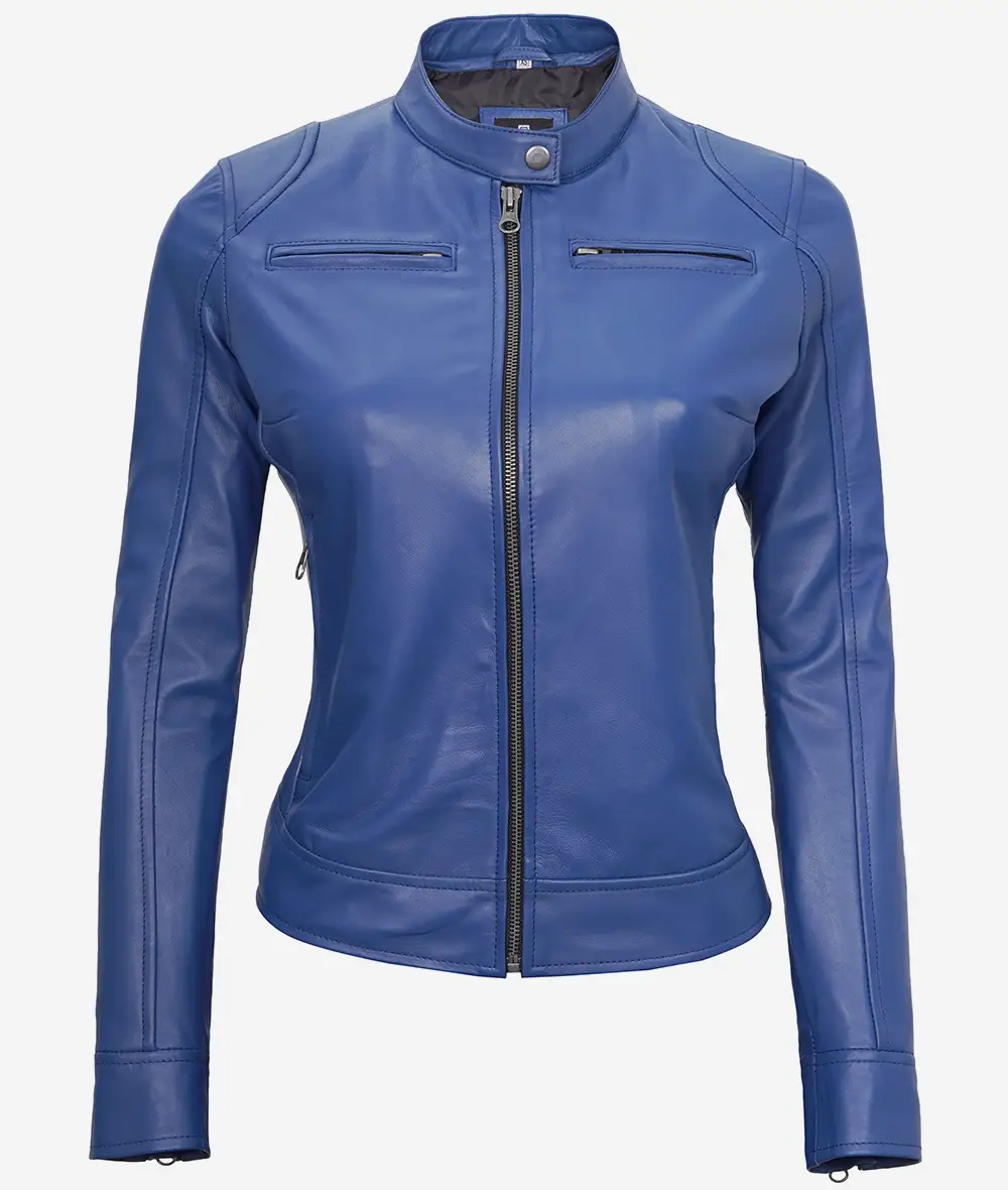 Women's Slim Fit Blue Cafe Racer Leather Jacket