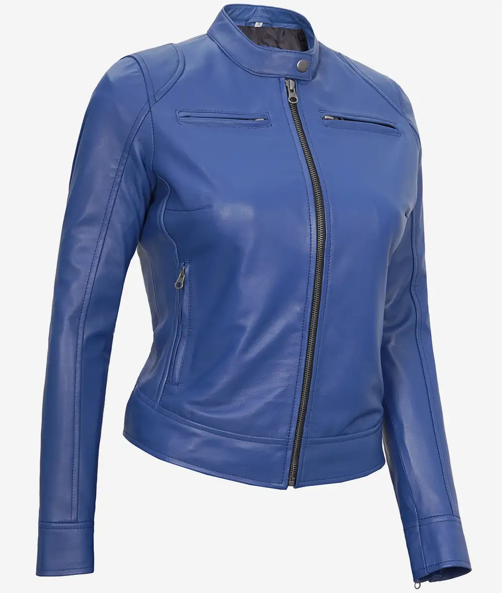 Women's Slim Fit Blue Cafe Racer Leather Jacket