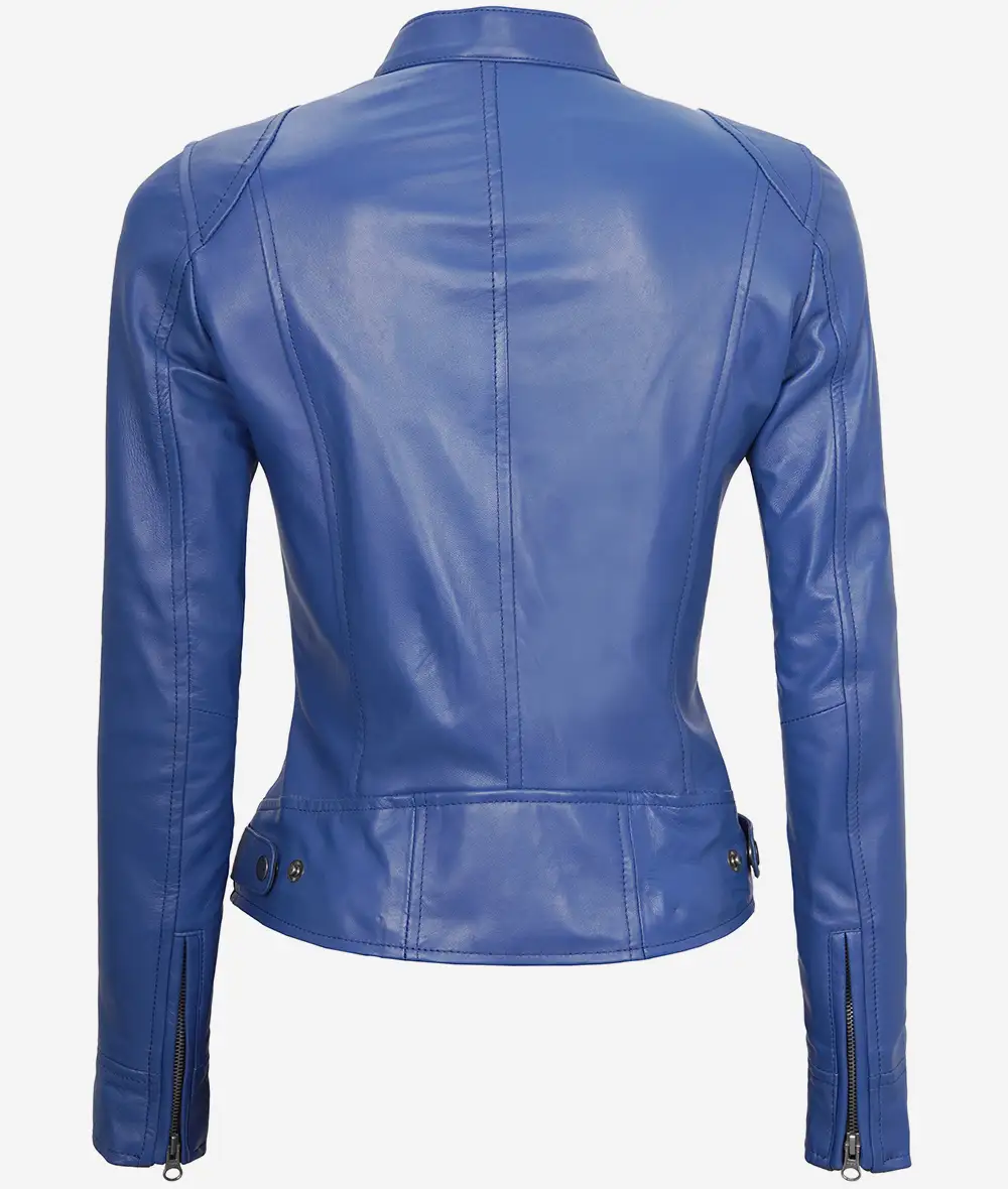 Women's Slim Fit Blue Cafe Racer Leather Jacket