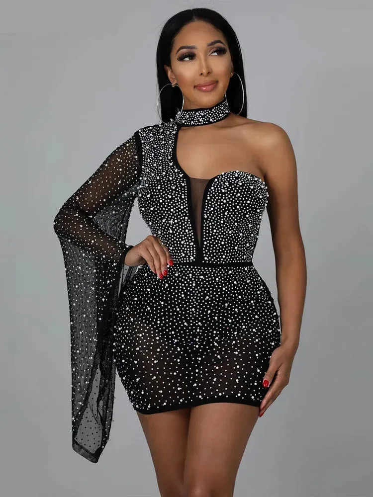 Women's One-Shoulder Flare Sleeve Rhinestones Skinny Irregular Party Dress