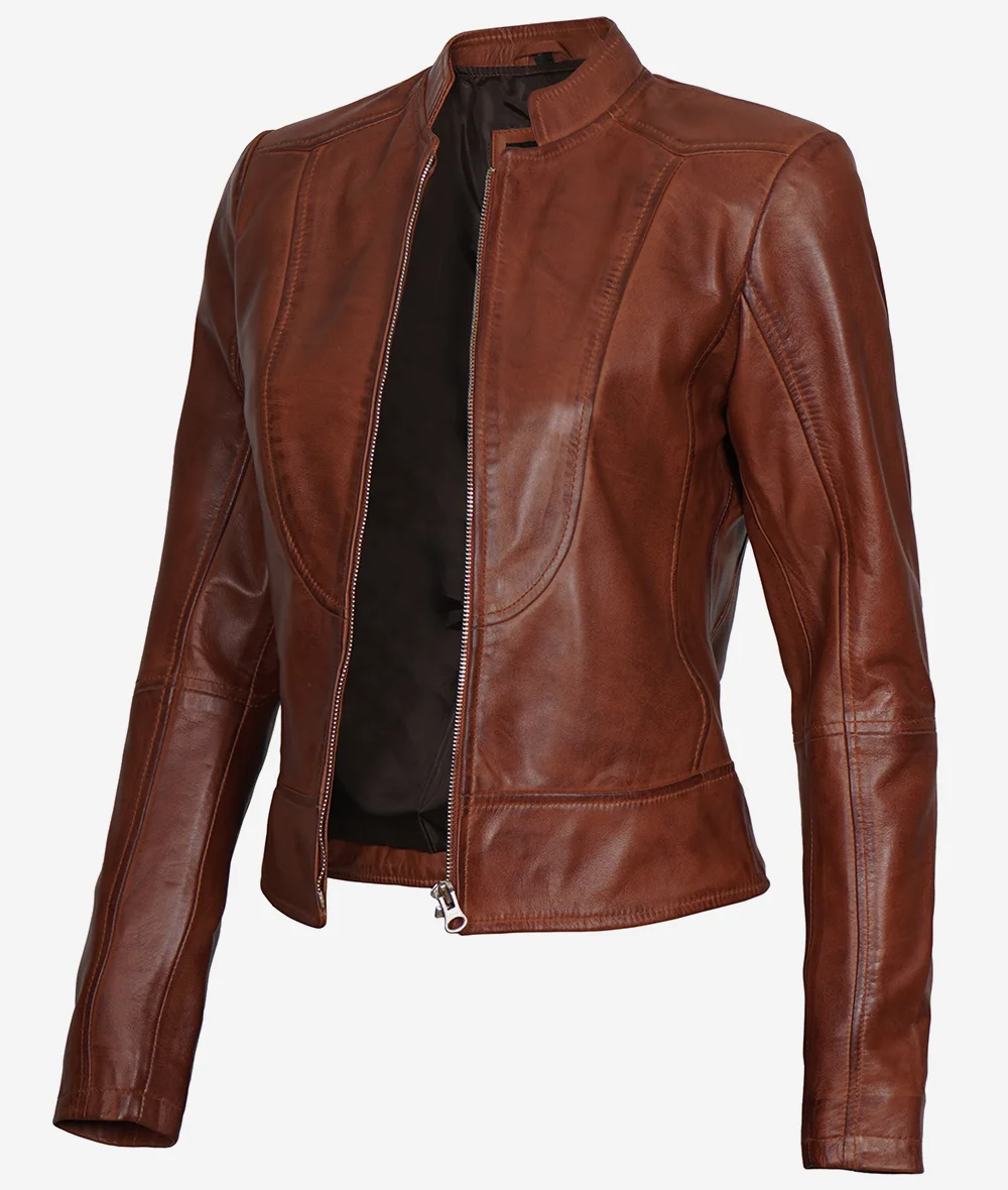 Womens Slim Fit Cognac Leather Biker Jacket