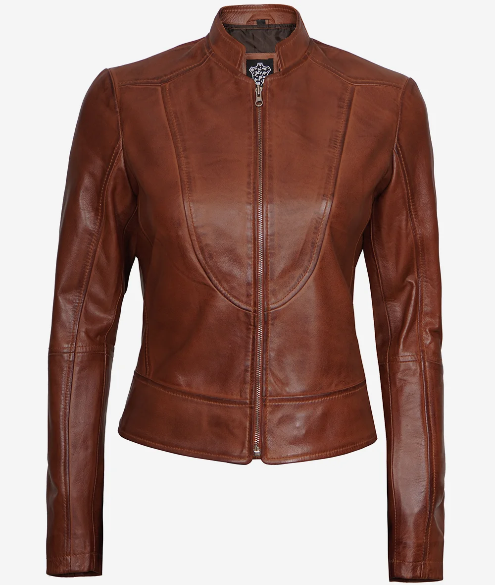 Womens Slim Fit Cognac Leather Biker Jacket