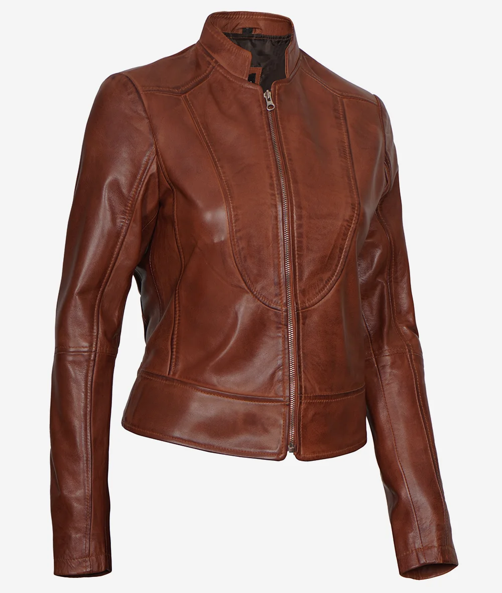 Womens Slim Fit Cognac Leather Biker Jacket