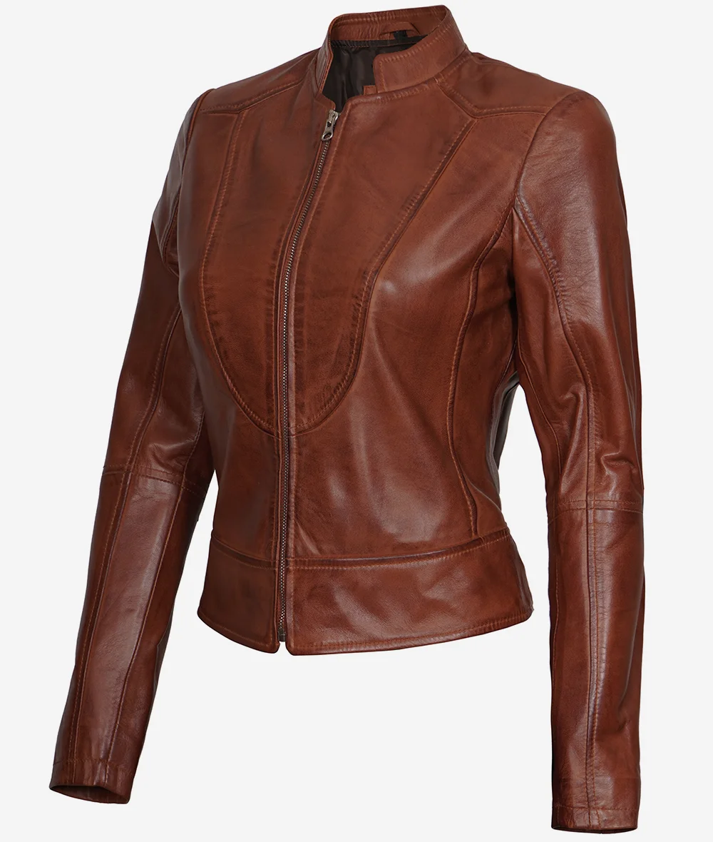 Womens Slim Fit Cognac Leather Biker Jacket