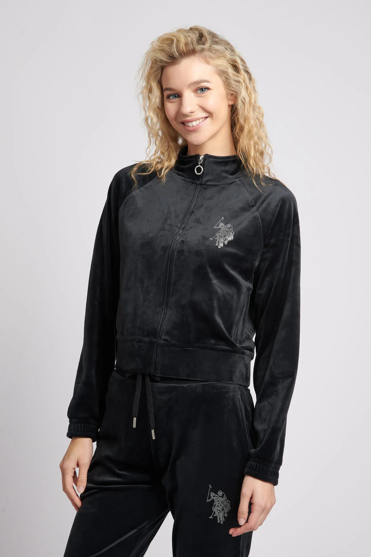 Womens Velour Diamante Zip-Through Hoodie in Black